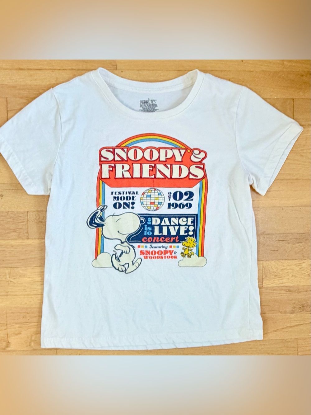 Y2K Peanuts Snoopy Woodstock Festival Baby Tee Women’s S Retro 1969 Graphic